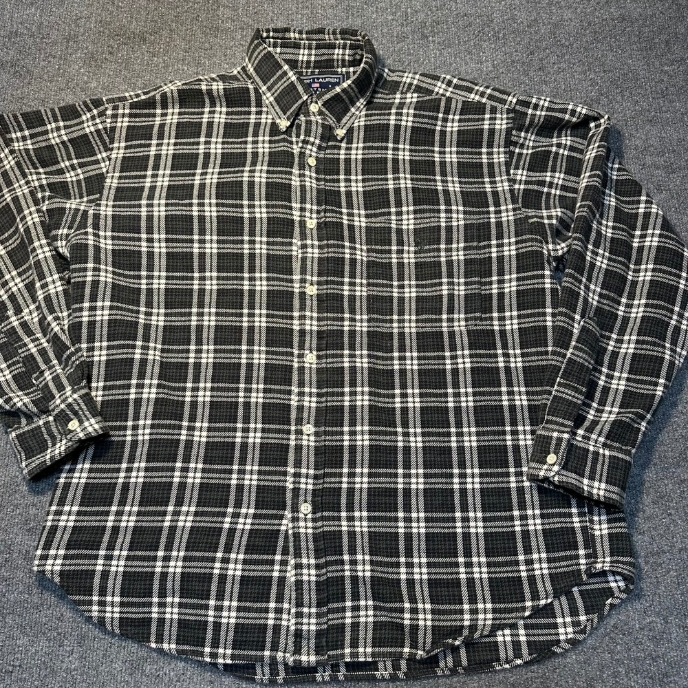 Ralph Lauren Sportsman Mens Large Black White Plaid Flannel Button Down Shirt